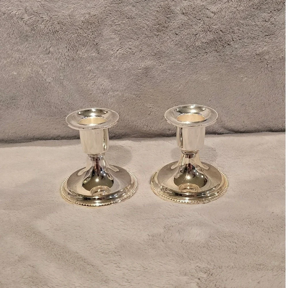 Vintage Silver Plated Beaded Rim Candlestick Holders Set of 2 Weighted Base